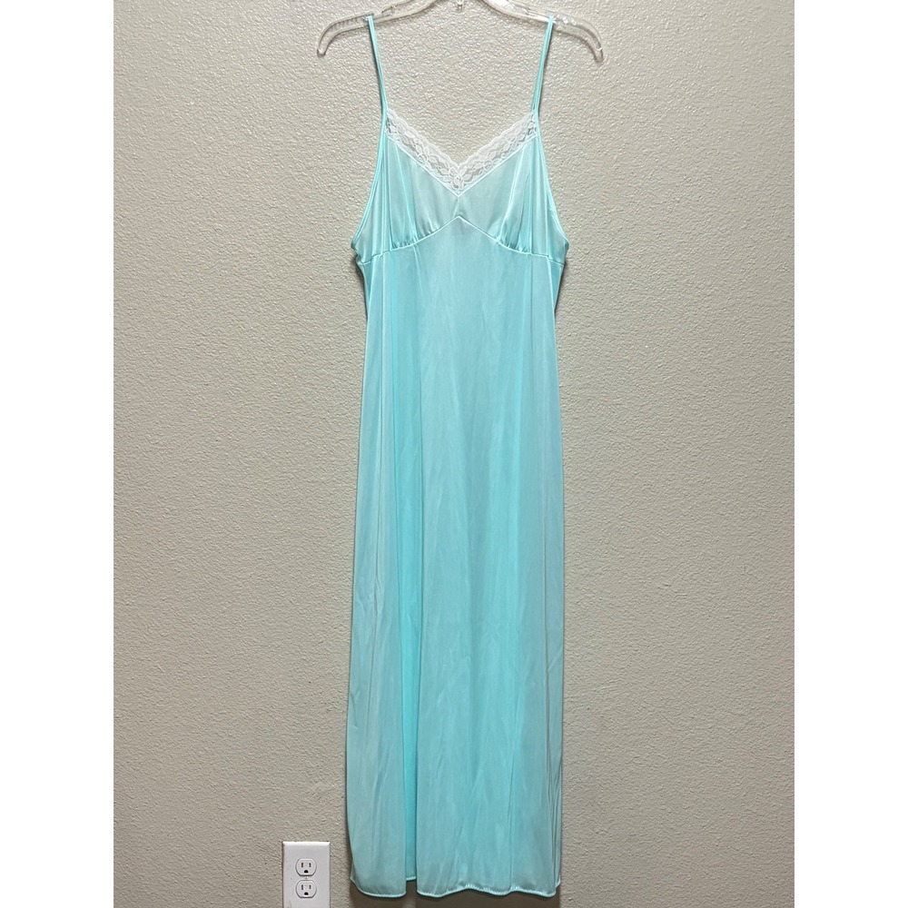 Vintage Union Blue Lace Trim Nightgown Aqua Nylon Slip Dress Made in USA Large